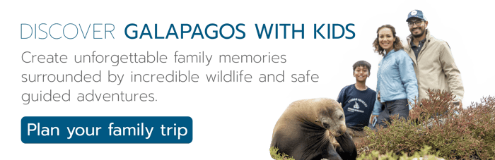 Family trip CTA banner inviting travelers to discover the Galapagos with kids through safe guided wildlife adventures.