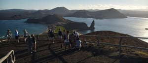 Bartolome in Galapagos Islands landscape with tourist in hiking