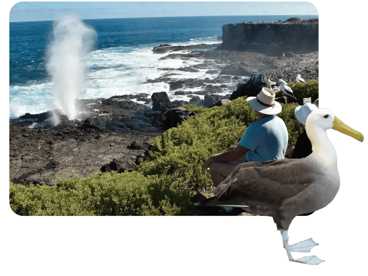 Suarez Point - Española in Galapagos Island Landscape view of the blowhole and tourist looking the sea