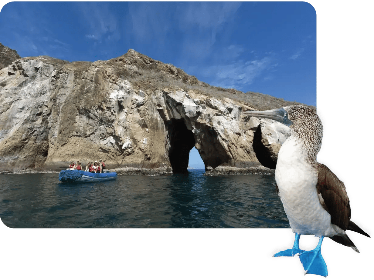 Cerro Brujo - San Cristobal in Galapagos Islands, rock formations with Kicker rock at background and tourist in panga