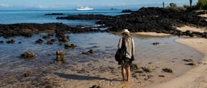Dragon Hill - Santa Cruz in the Galapagos Islands, view of volcanic beach and tourist walking on the seashore