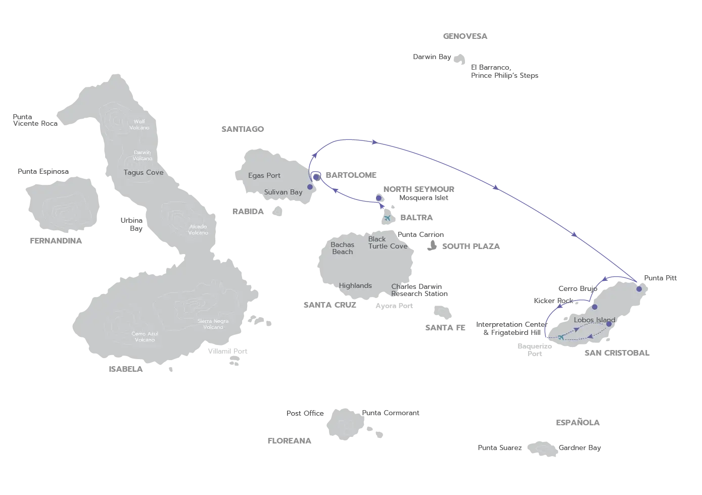 Galapagos Legend Itinerary East Expedition: route map of east expedition