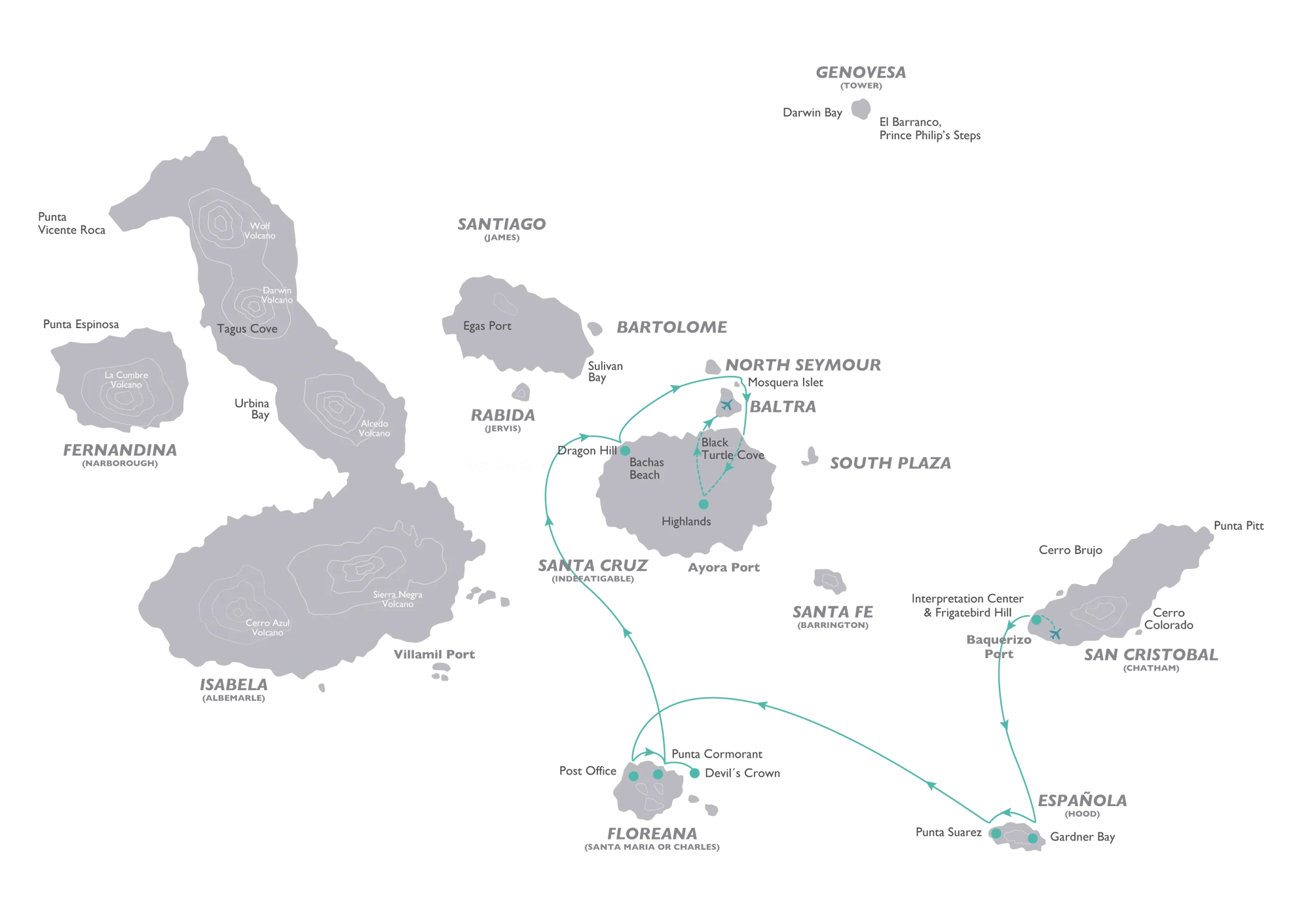 Galapagos Legend Itinerary South Expedition: route map of south expedition