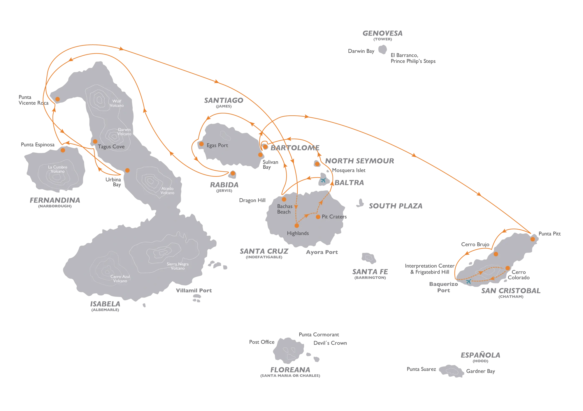 Galapagos Legend Itinerary West & East Expedition: route map of west & east expedition