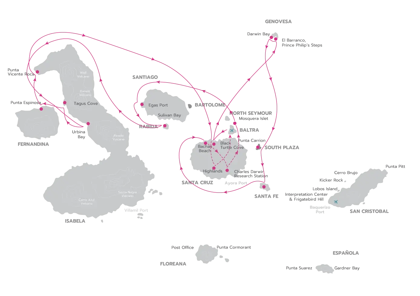 Galapagos Legend Itinerary North & West Expedition: route map of north & west expedition