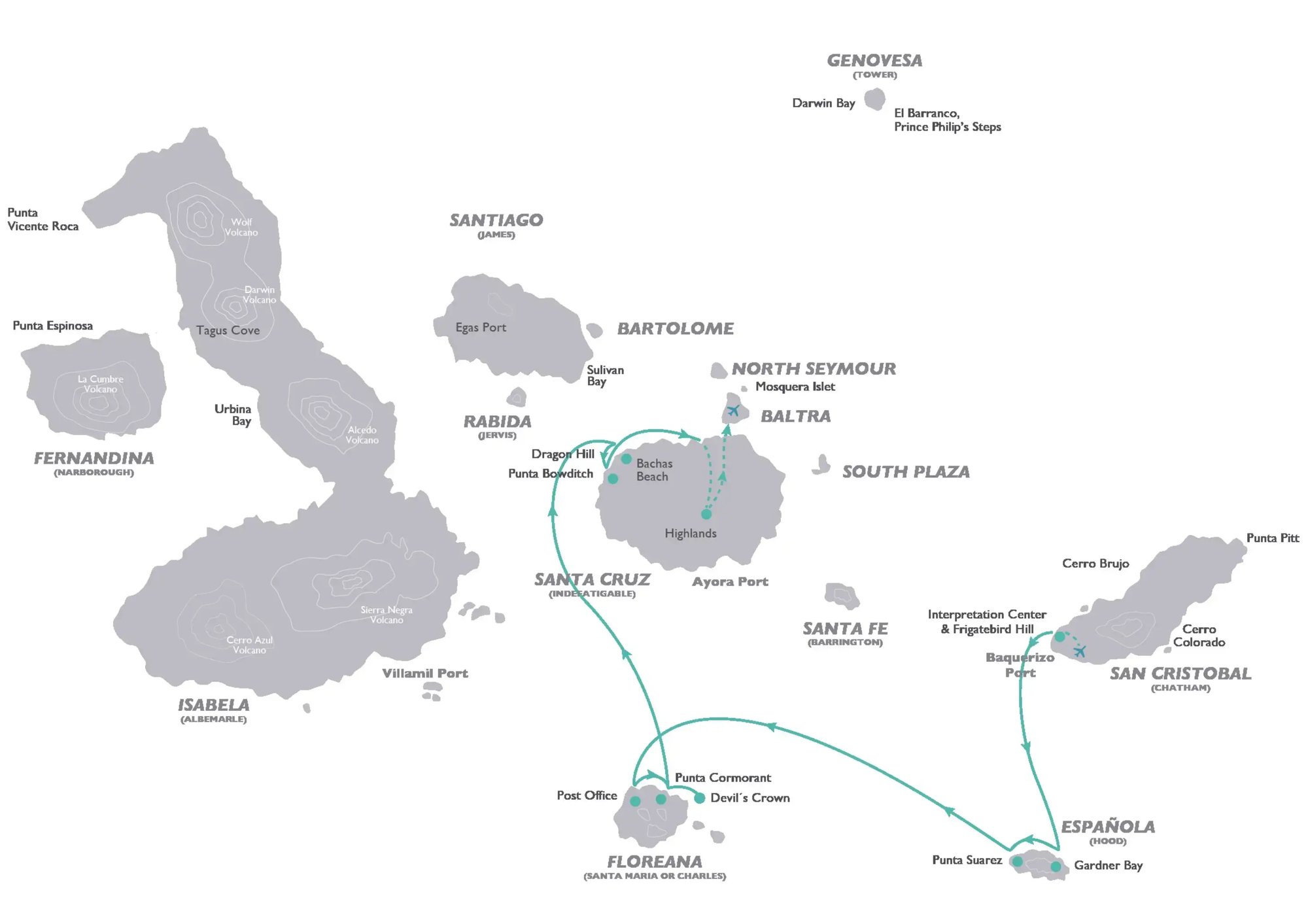 Galapagos Legend Itinerary South Expedition: route map of south expedition