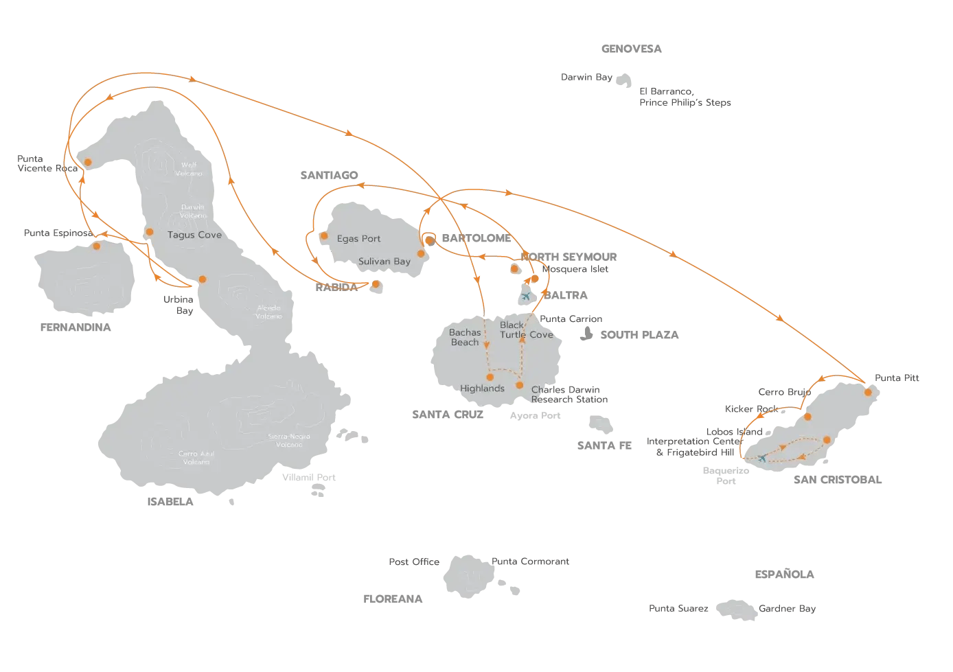 Galapagos Legend Itinerary West & East Expedition: route map of west & east expedition