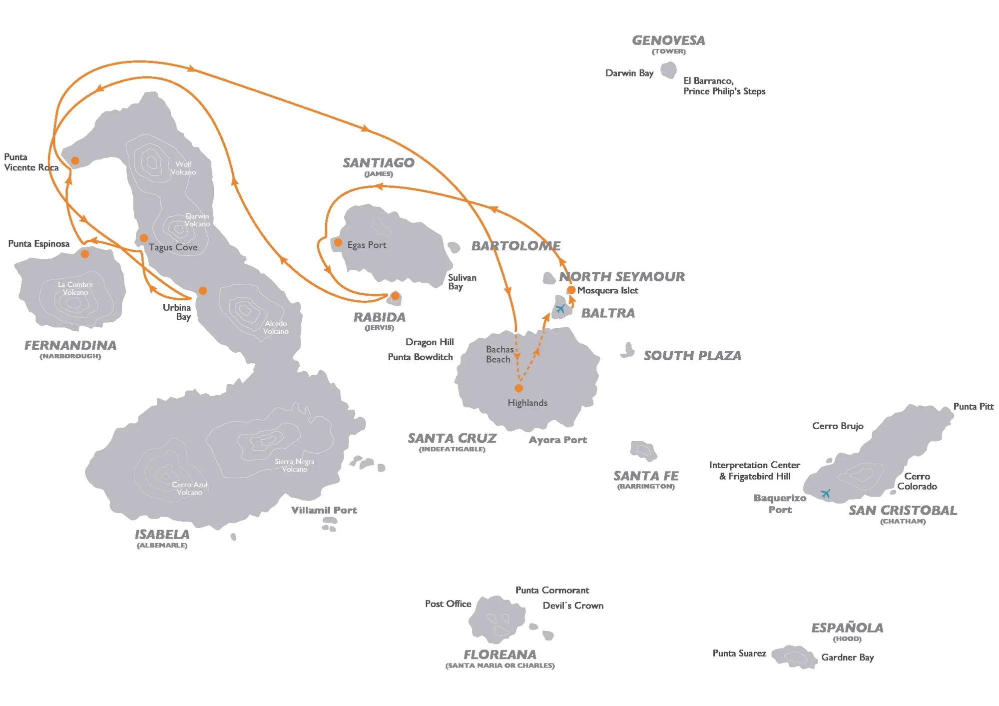 Galapagos Legend Itinerary West Expedition: route map of west expedition