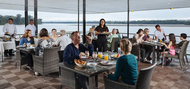 Luxury dining aboard the Manatee Amazon Explorer.